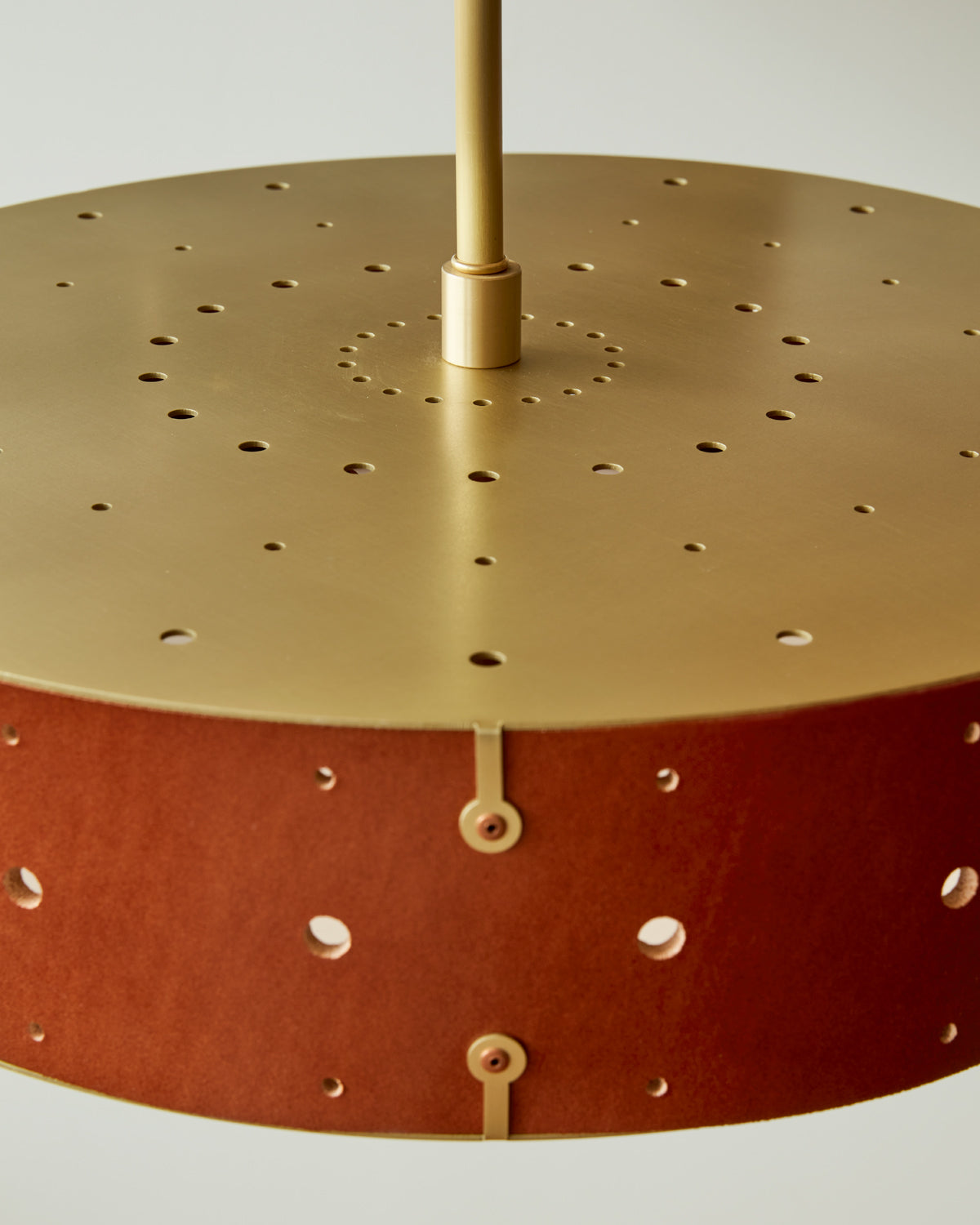 Beautiful satin brass ceiling pendant fixture with handstitched leather drum shade and customizable drop