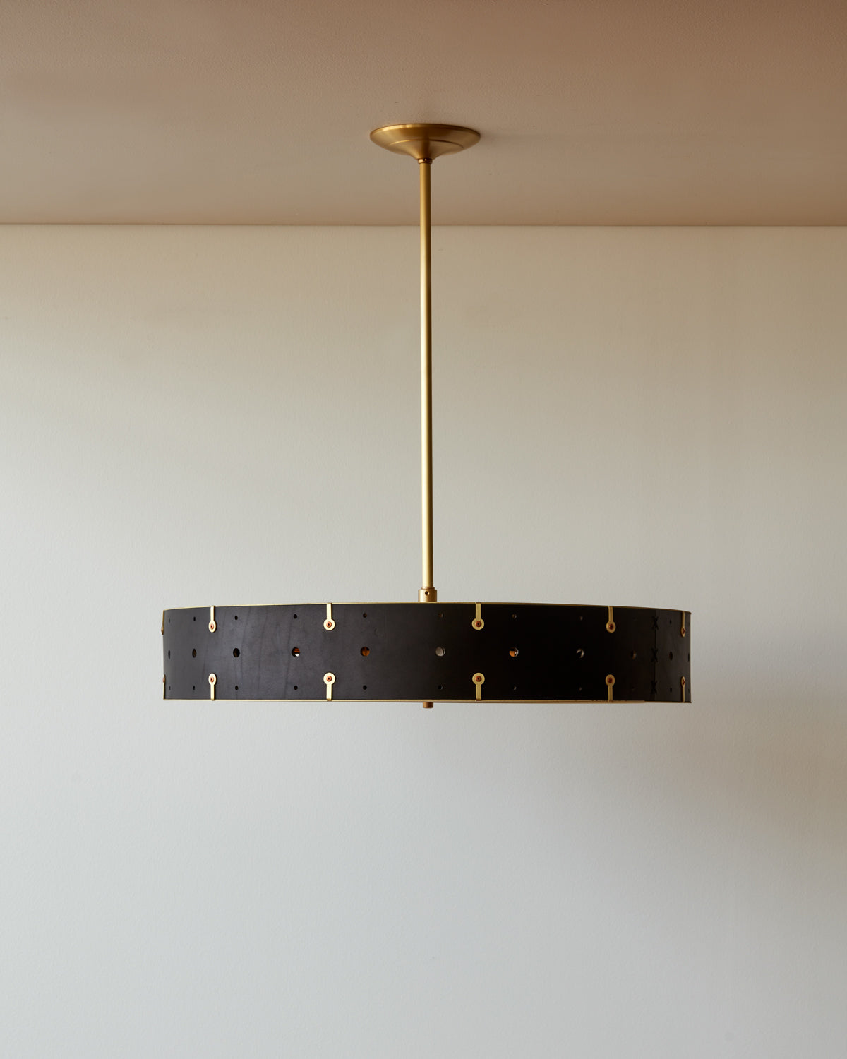 Beautiful satin brass ceiling pendant fixture with handstitched leather drum shade and customizable drop