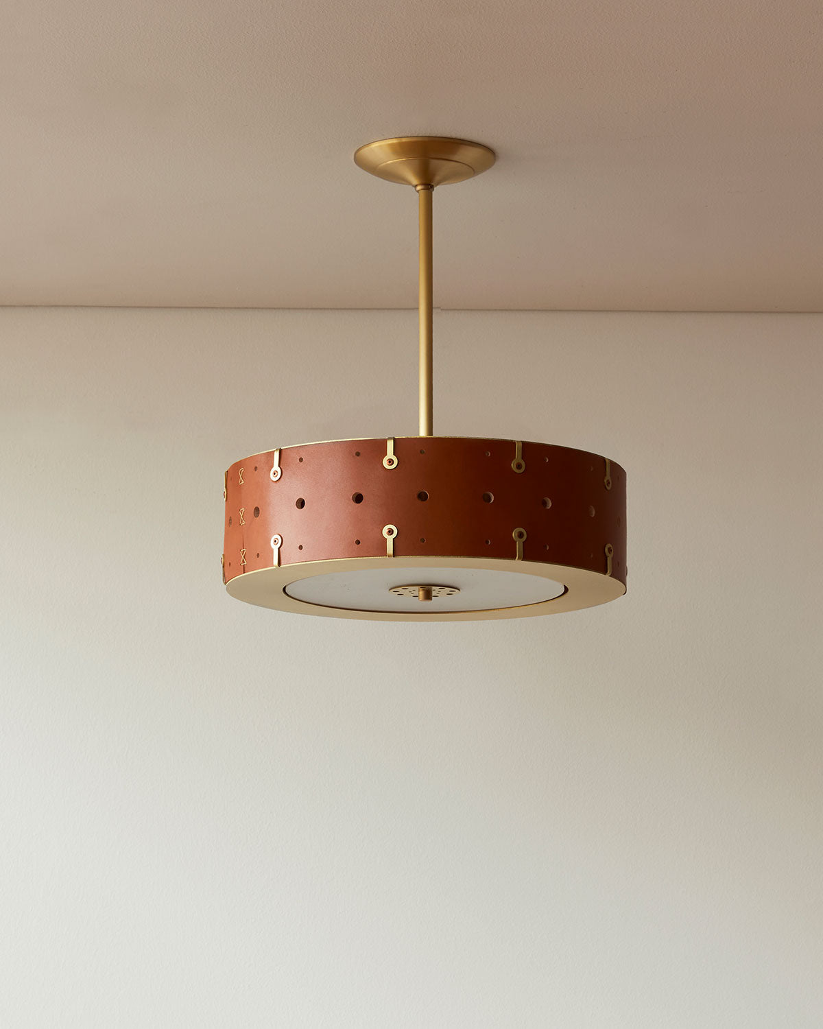 Beautiful satin brass ceiling pendant fixture with handstitched leather drum shade and customizable drop