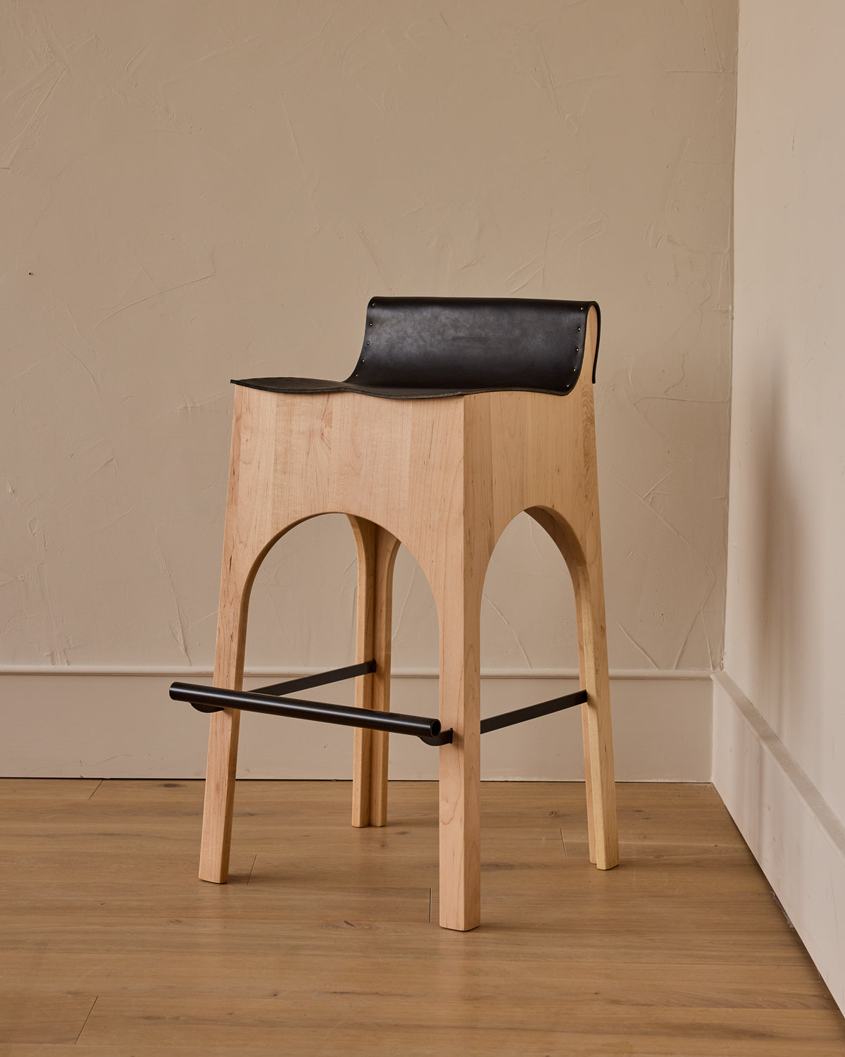 Jack Leather and Wood Stool - Black