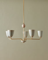 Ceramic Chandelier with 5 arms , Brass and wood details , made in America 