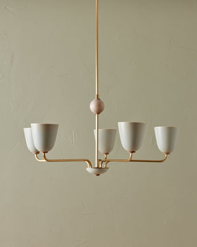 Ceramic Chandelier with 5 arms , Brass and wood details , made in America 