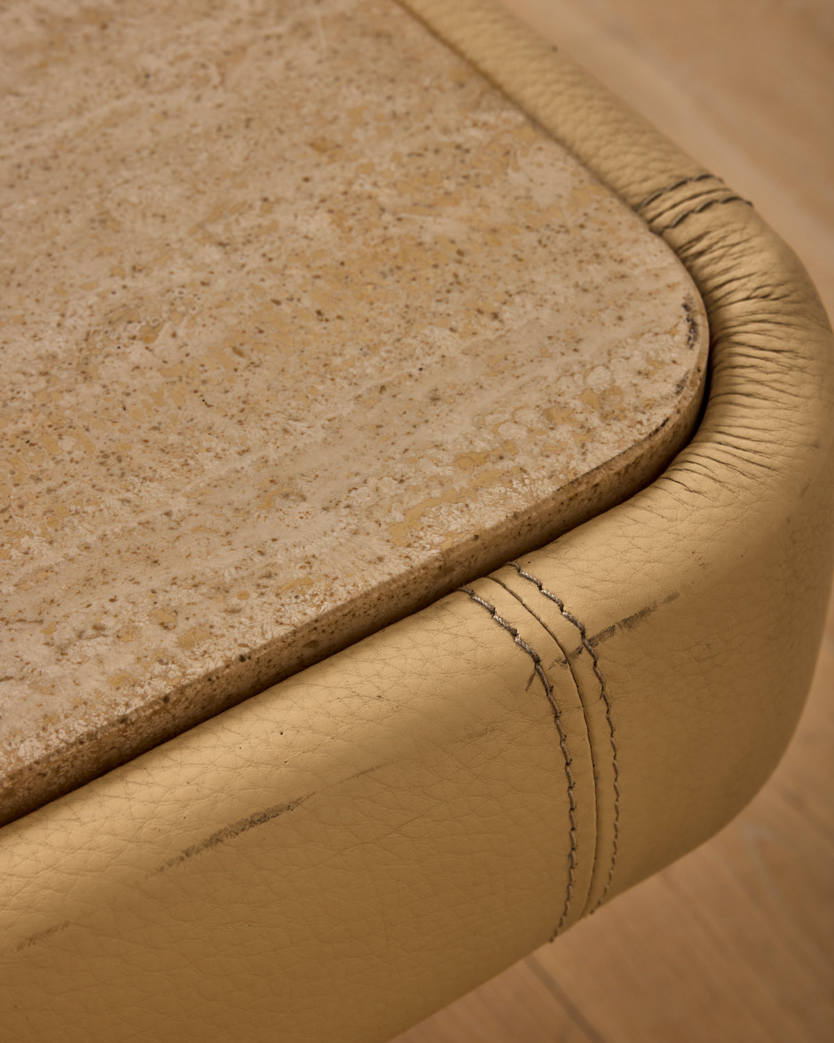 1970s Leather + Travertine Coffee Table