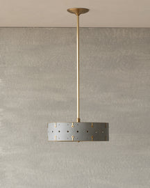 Beautiful satin brass ceiling pendant fixture with handstitched leather drum shade and customizable drop
#leather-color_cloud-blue
