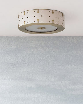 Beautiful satin brass flush mount ceiling fixture with handstitched leather drum shade