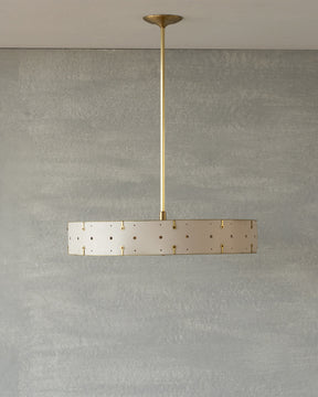 Beautiful satin brass ceiling pendant fixture with handstitched leather drum shade and customizable drop