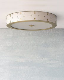 Beautiful satin brass flush mount ceiling fixture with handstitched leather drum shade