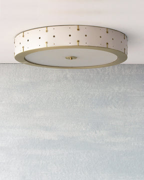 Beautiful satin brass flush mount ceiling fixture with handstitched leather drum shade