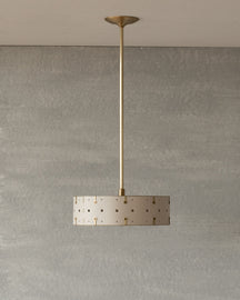 Beautiful satin brass ceiling pendant fixture with handstitched leather drum shade and customizable drop
#leather-color_dogwood