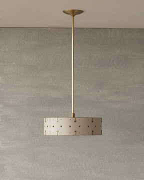 Beautiful satin brass ceiling pendant fixture with handstitched leather drum shade and customizable drop