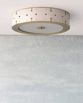 Beautiful satin brass flush mount ceiling fixture with handstitched leather drum shade