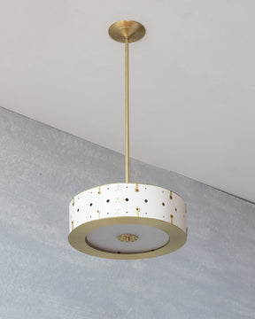Beautiful satin brass ceiling pendant fixture with handstitched leather drum shade and customizable drop