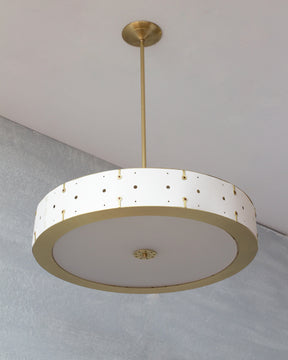 Beautiful satin brass ceiling pendant fixture with handstitched leather drum shade and customizable drop