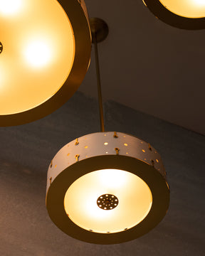 Beautiful satin brass ceiling pendant fixture with handstitched leather drum shade and customizable drop
