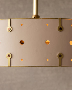 Beautiful satin brass flush mount ceiling fixture with handstitched leather drum shade