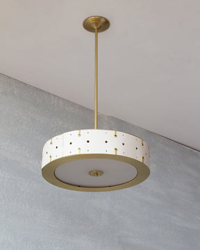 Beautiful satin brass ceiling pendant fixture with handstitched leather drum shade and customizable drop