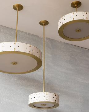 Beautiful satin brass ceiling pendant fixture with handstitched leather drum shade and customizable drop