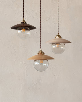 Pendant light with large clear glass globe and decorative wooden clear maple shade. Made by Lostine in Philadelphia. Simple interior design, made in the USA. Warm American Modern Design
