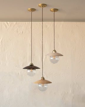 Pendant light with large clear glass globe and decorative wooden clear maple shade. Made by Lostine in Philadelphia. Simple interior design, made in the USA. Warm American Modern Design