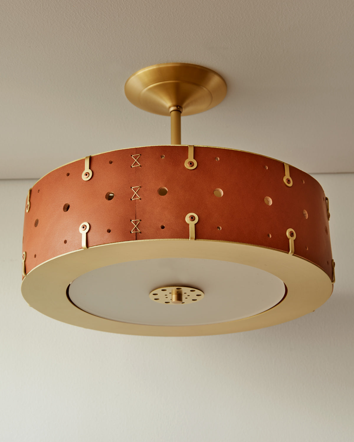 Beautiful satin brass ceiling pendant fixture with handstitched leather drum shade and customizable drop