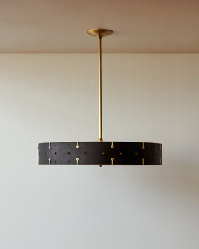 Beautiful satin brass ceiling pendant fixture with handstitched leather drum shade and customizable drop