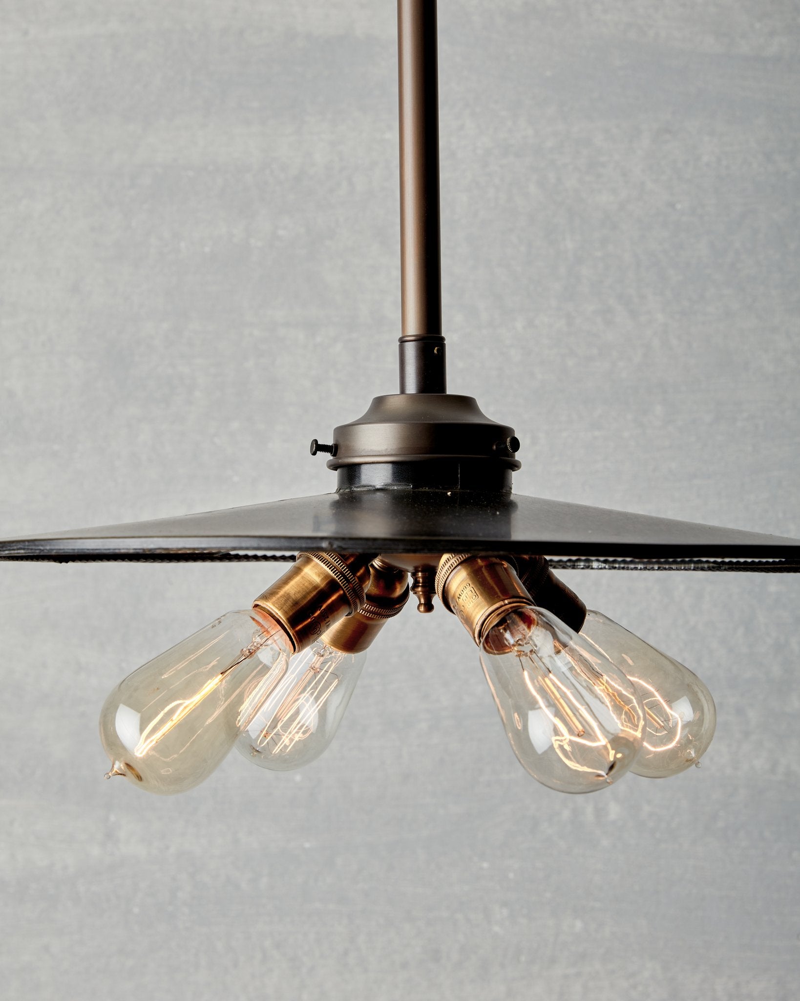 Large flat mirrored ceiling pendant with exposed lightbulbs. Made by RTO Lighting in Philadelphia. Hardwired light fixture. Simple interior design, made in the USA.
