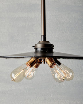 Large flat mirrored ceiling pendant with exposed lightbulbs. Made by RTO Lighting in Philadelphia. Hardwired light fixture. Simple interior design, made in the USA.
