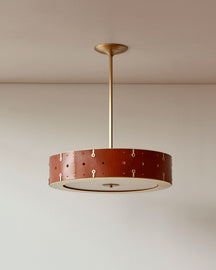 Beautiful satin brass ceiling pendant fixture with handstitched leather drum shade and customizable drop