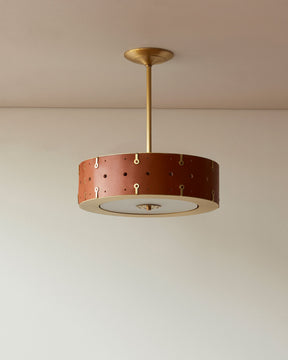 Beautiful satin brass ceiling pendant fixture with handstitched leather drum shade and customizable drop